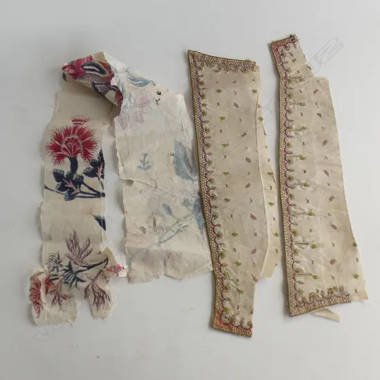 A pair of 18thC embroidered waistcoat panels plus a fragment of distressed 18thC chintz.